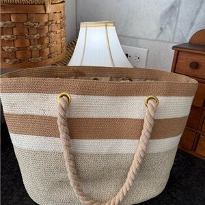 Saks Fifth Avenue Tan and Cream Striped Tote
